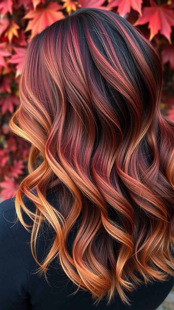 A beautiful balayage hairstyle featuring ruby red tones blended with darker shades, styled in soft waves.