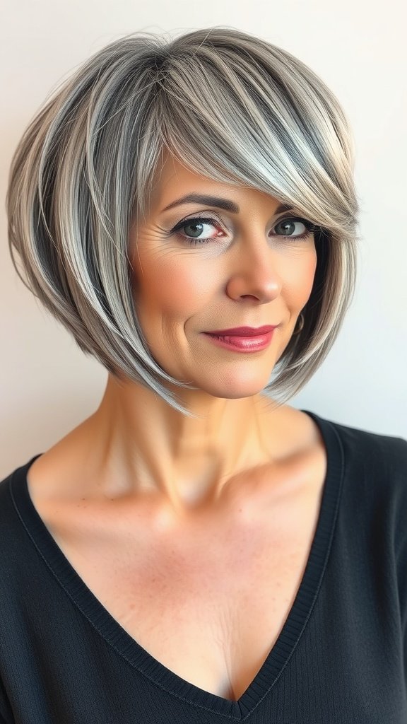 A woman with a stylish short bob haircut featuring textured ends, showcasing gray hair.