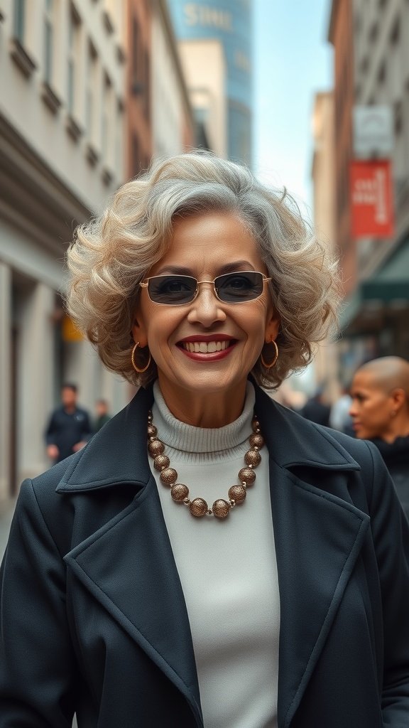 A woman with a stylish short curly bob hairstyle, featuring voluminous curls, smiling confidently in a city street.