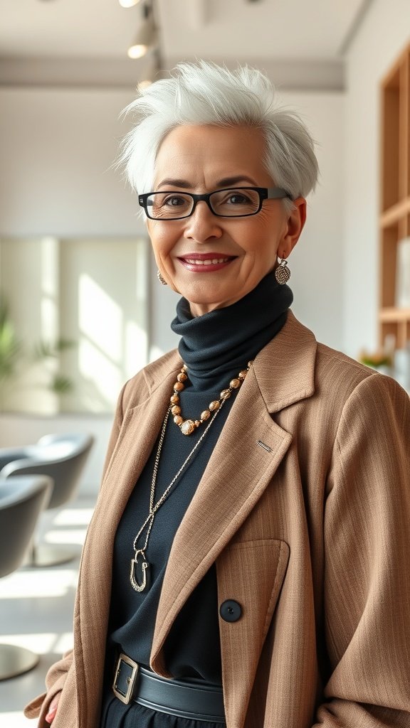 A stylish older woman with short spiky platinum blonde hair, wearing glasses and a chic outfit, smiling confidently.