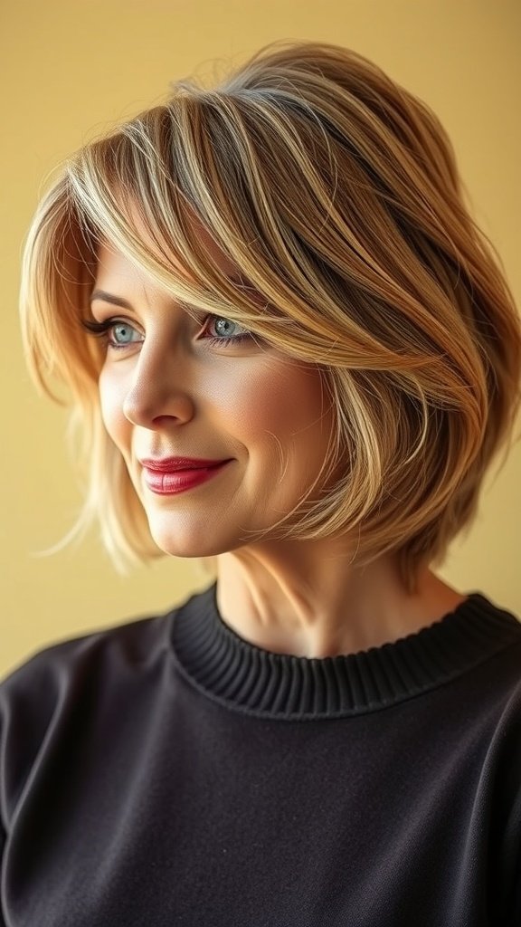 A woman with a side-parted layered lob hairstyle, showcasing a youthful and stylish look.