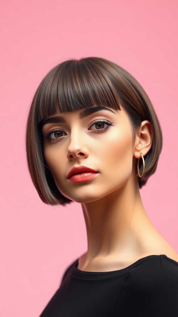A woman with a sleek angled bob hairstyle, featuring straight bangs and a smooth finish, against a pink background.