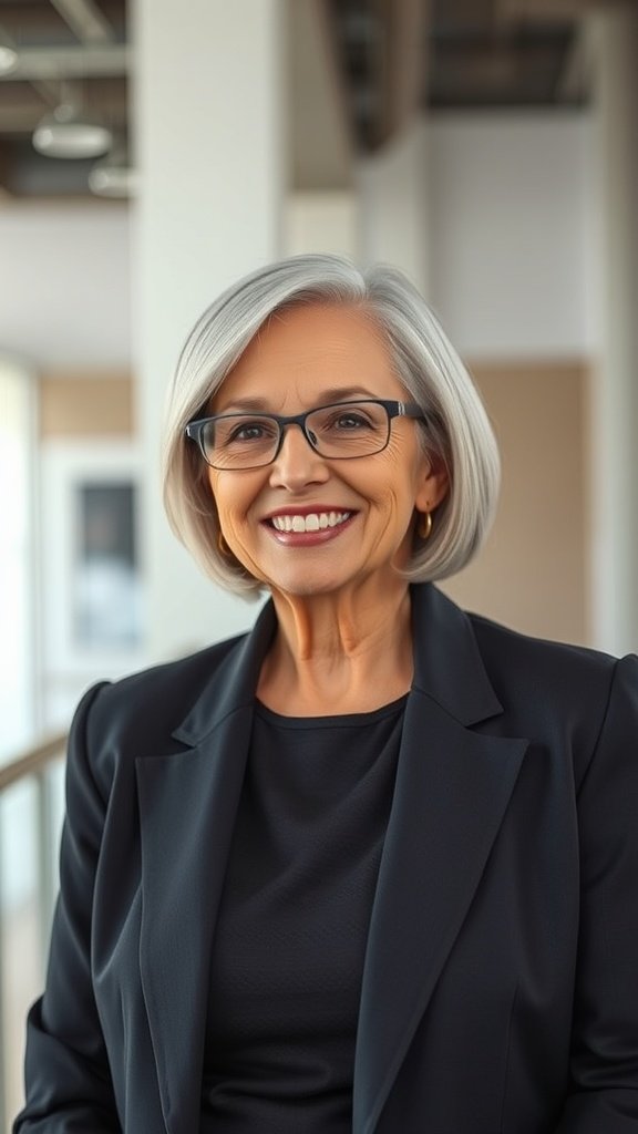 A woman over 70 with a sleek angled bob hairstyle, wearing glasses and a black blazer, smiling confidently.
