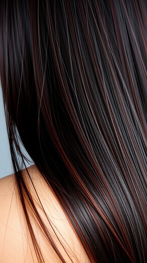 Sleek dark burgundy hair strands with a smooth finish