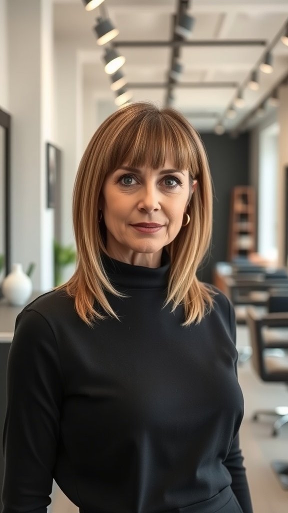 A woman with sleek medium-length hair and blunt ends, wearing a black top, in a modern salon setting.