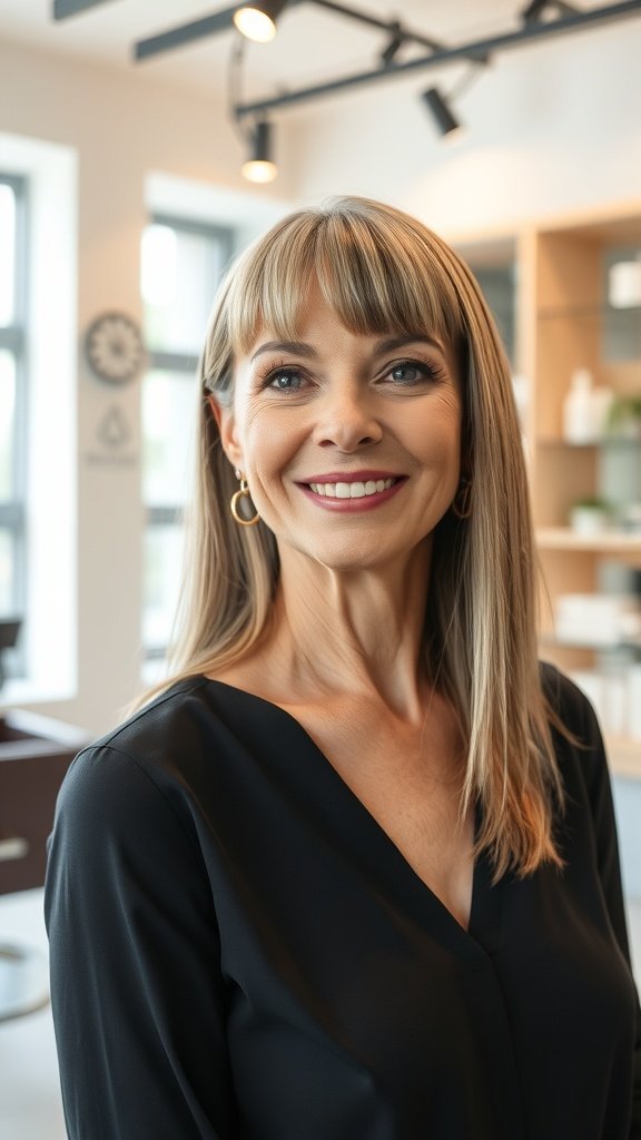 A woman with sleek straight hair and micro bangs, smiling in a modern setting.