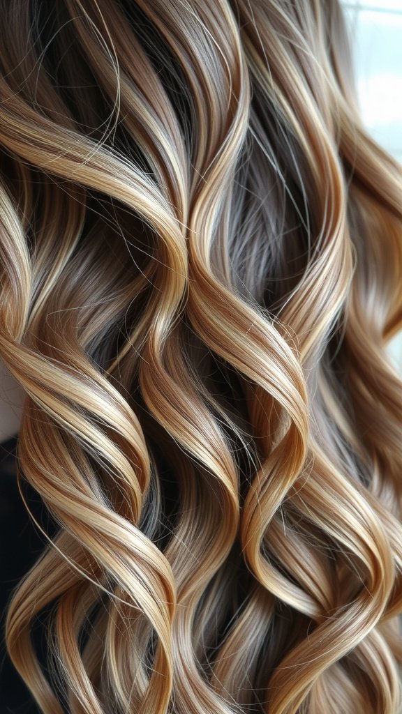 Wavy hair styled in smoky ash blonde color