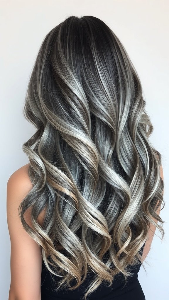 A woman with long, wavy hair showcasing a smoky charcoal to silver ombre hairstyle.