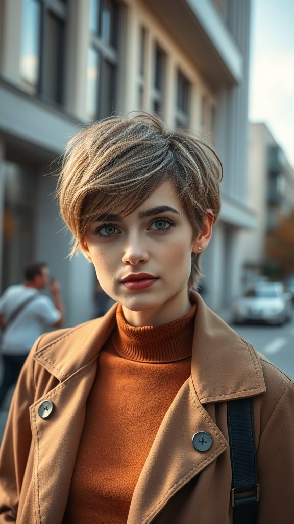 A young woman with a soft layered pixie cut, wearing a brown coat and turtleneck, standing outdoors.