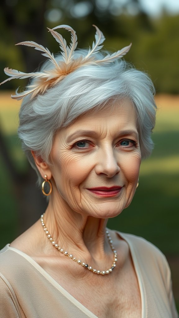 An elderly woman with a soft pixie hairstyle adorned with a feathered crown, showcasing elegance and style.