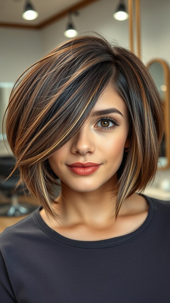 A woman with a stacked bob hairstyle featuring layers and highlights, showcasing volume and style.