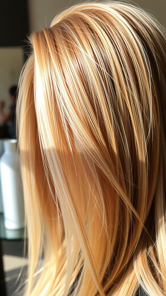 Strawberry blonde highlights on golden hair