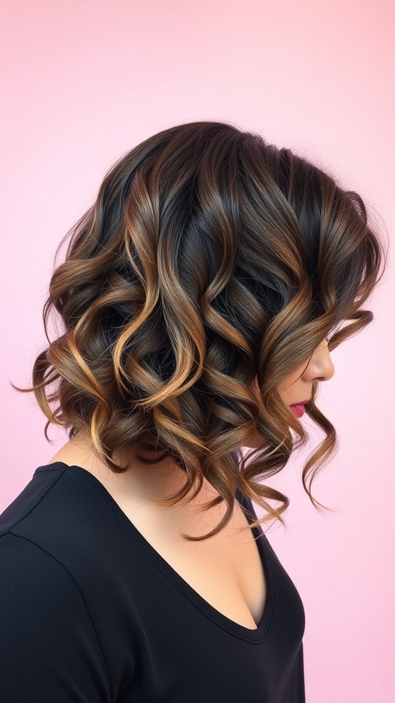 A woman with shoulder-length symmetrical curly hair styled with layers, showcasing defined curls and a rich color.