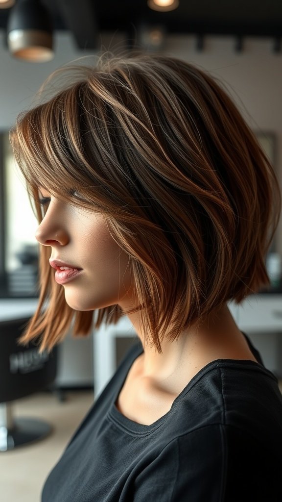 A woman with a textured bob hush cut, showcasing soft layers and warm hair tones.