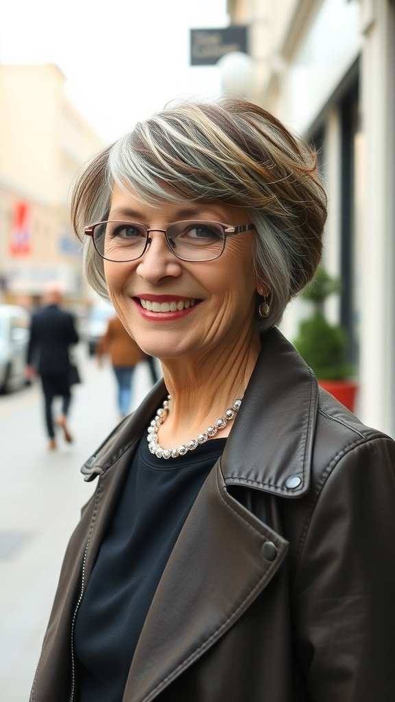 A woman with a modern pageboy haircut, wearing glasses and a stylish outfit, smiling confidently outdoors.