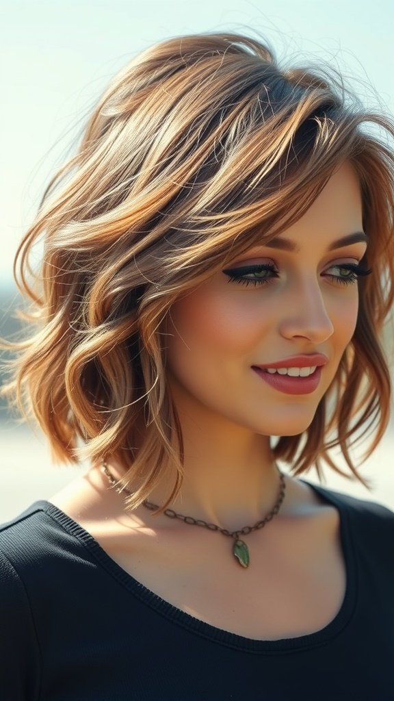 A woman with a tousled bob hairstyle and side part, smiling outdoors.