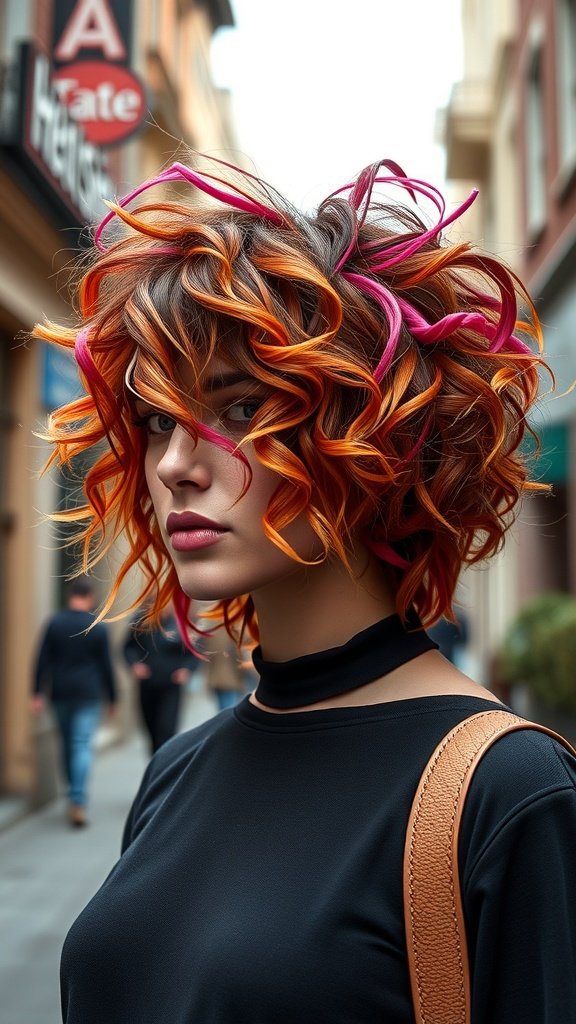 A woman with a two-toned curly shag haircut featuring vibrant orange and pink colors, standing in a city street.