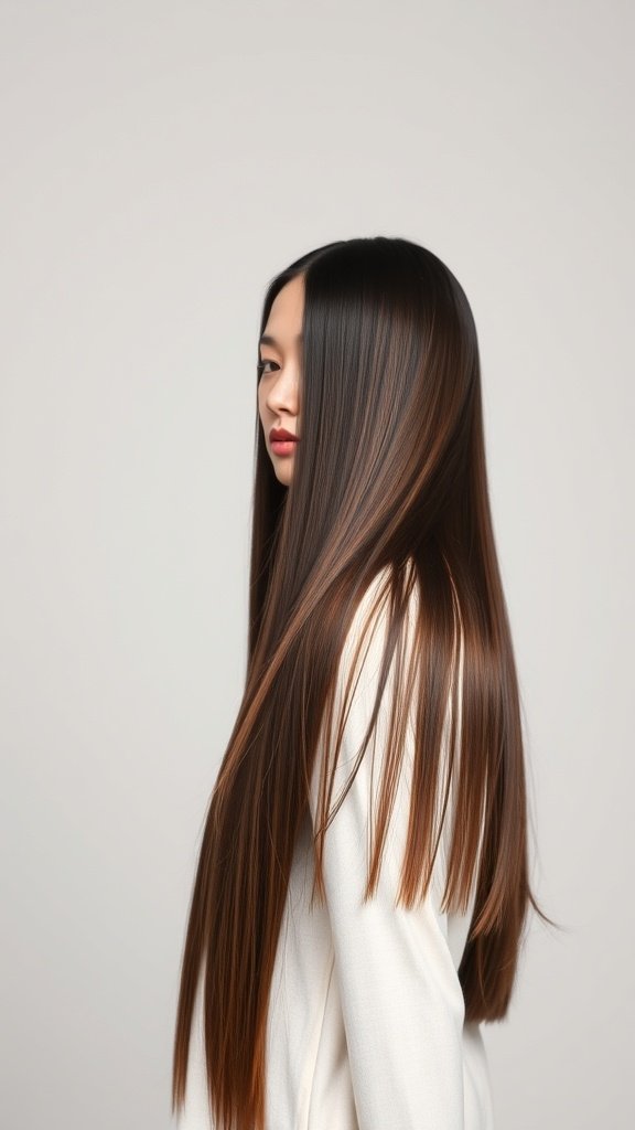 A woman with ultra-long straight hair styled with a middle part, showcasing sleek and shiny locks.