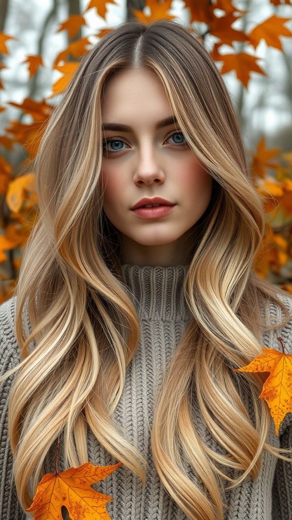 A woman with long, wavy hair featuring vanilla chai highlights, surrounded by autumn leaves.