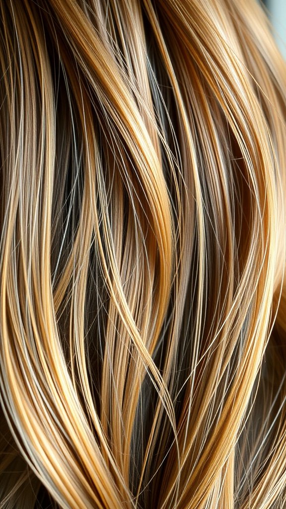 Close-up of light brown hair with walnut whisper highlights, showcasing flowing strands and a shimmering effect.