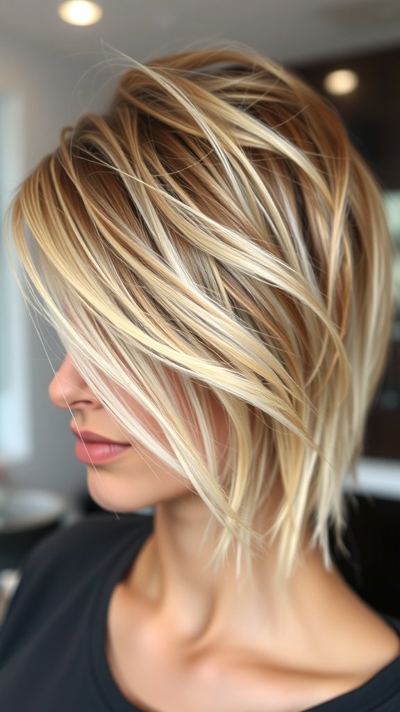 A close-up of a woman with a wispy razor cut hairstyle featuring balayage highlights.