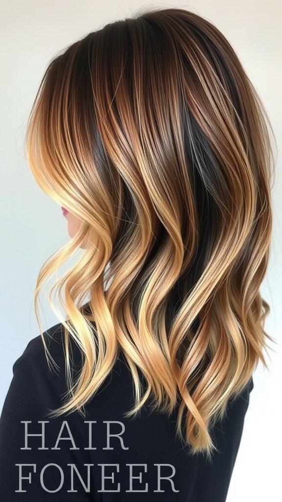 Medium length hair with dark to light ombre effect, featuring layered waves.