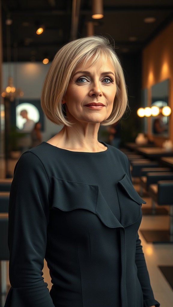 A woman with a sleek bob hairstyle, looking confident and stylish.