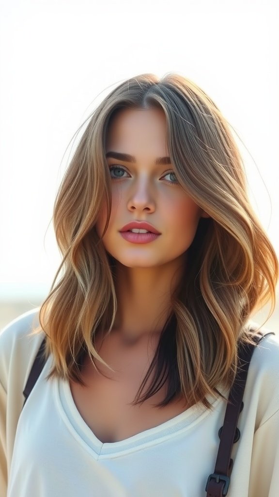 A woman with shoulder-length shag hairstyle in warm brown tones, featuring soft waves and layers.