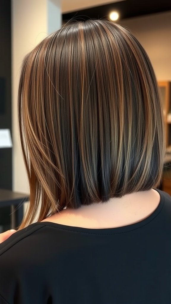 A woman with a straight sleek and layered medium haircut, showcasing shiny layers and a polished look.