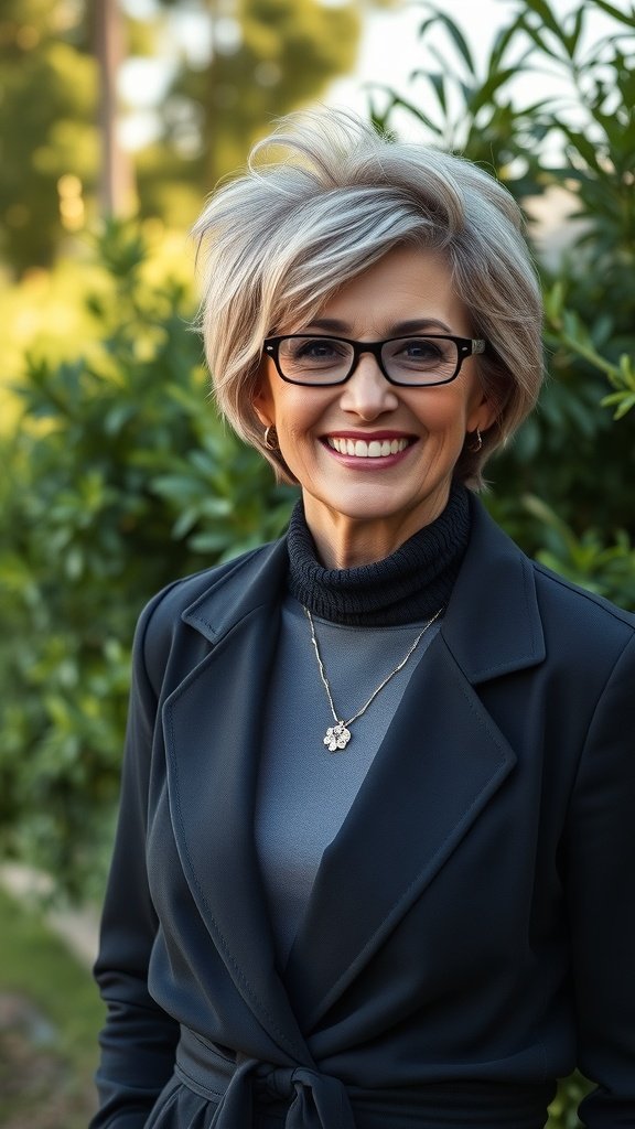A woman with a voluminous tousled short haircut, smiling outdoors.
