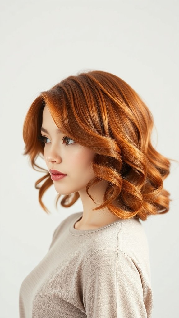 A woman with shiny copper shoulder-length curls, looking stylish and elegant.