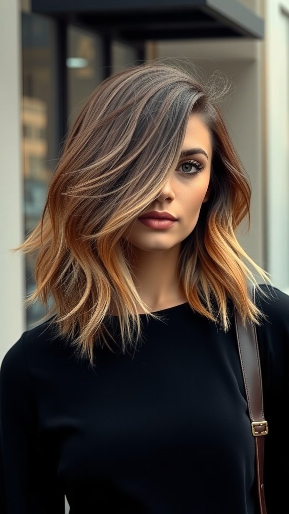 A woman with a side-parted layered lob hairstyle, featuring soft waves and a rich color.