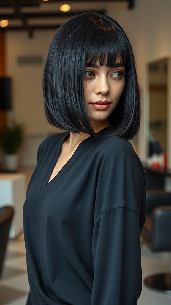 A woman with sleek black shoulder-length hair styled in a middle part, showcasing a modern lob hairstyle.