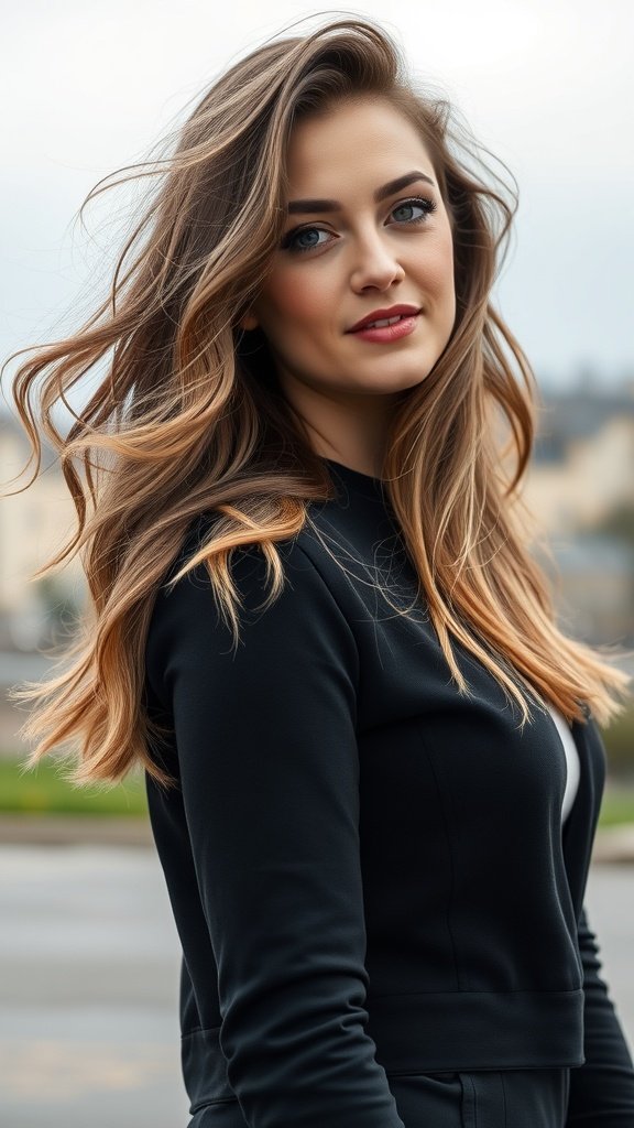 A woman with wavy medium-length hair featuring long layers, looking stylish and confident.