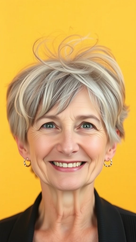 An older woman with a pixie haircut featuring a wispy crown, smiling against a bright yellow background.