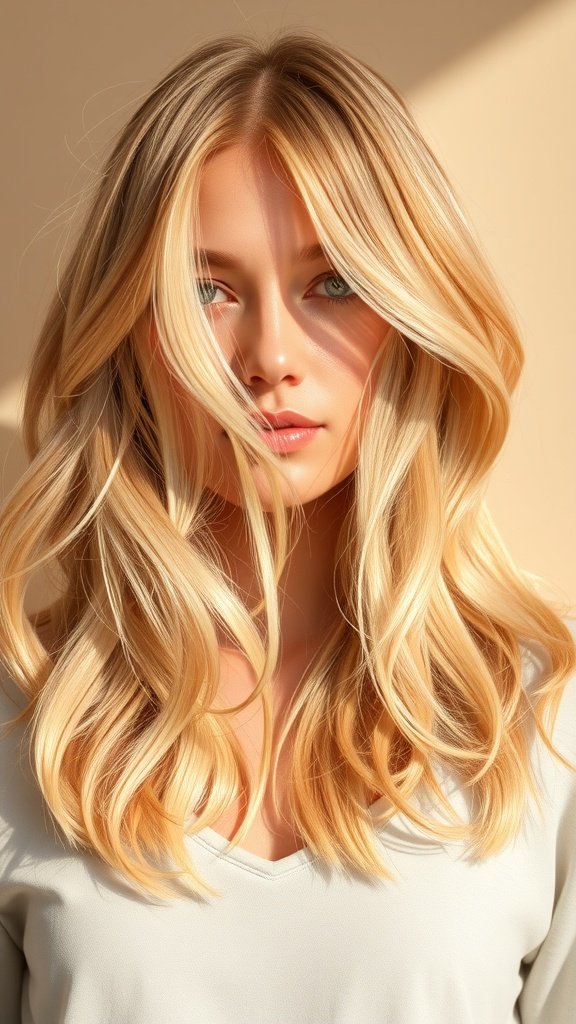 A woman with shoulder-length hair featuring sun-kissed blonde tips, styled in soft waves.