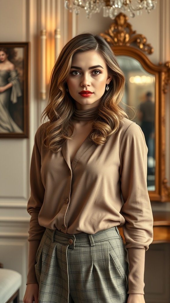 A woman with medium-length hair styled in vintage glam waves, wearing a stylish outfit.