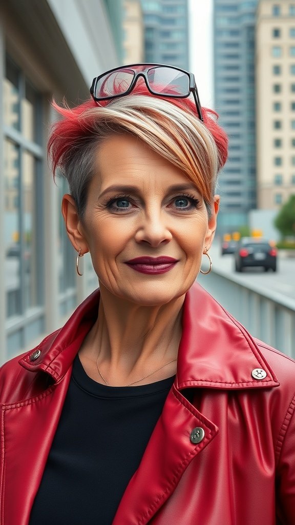 A woman with an edgy undercut pixie hairstyle, featuring vibrant highlights and wearing a stylish red jacket.