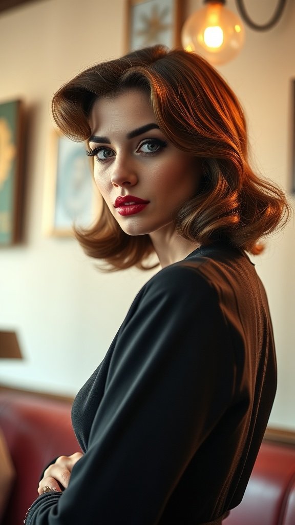 A woman with vintage glam waves hairstyle, showcasing soft, flowing curls and bold makeup.
