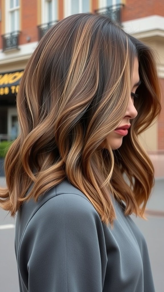 Mid-length layered hairstyle with a deep side part and warm tones.