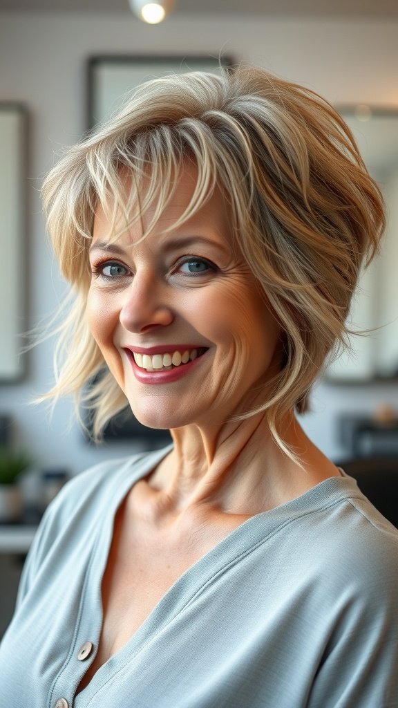 A woman with a pixie haircut featuring long front layers, smiling confidently.