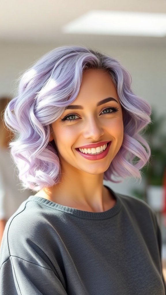 A woman with soft lilac curls, smiling brightly, showcasing a trendy shoulder-length hairstyle.