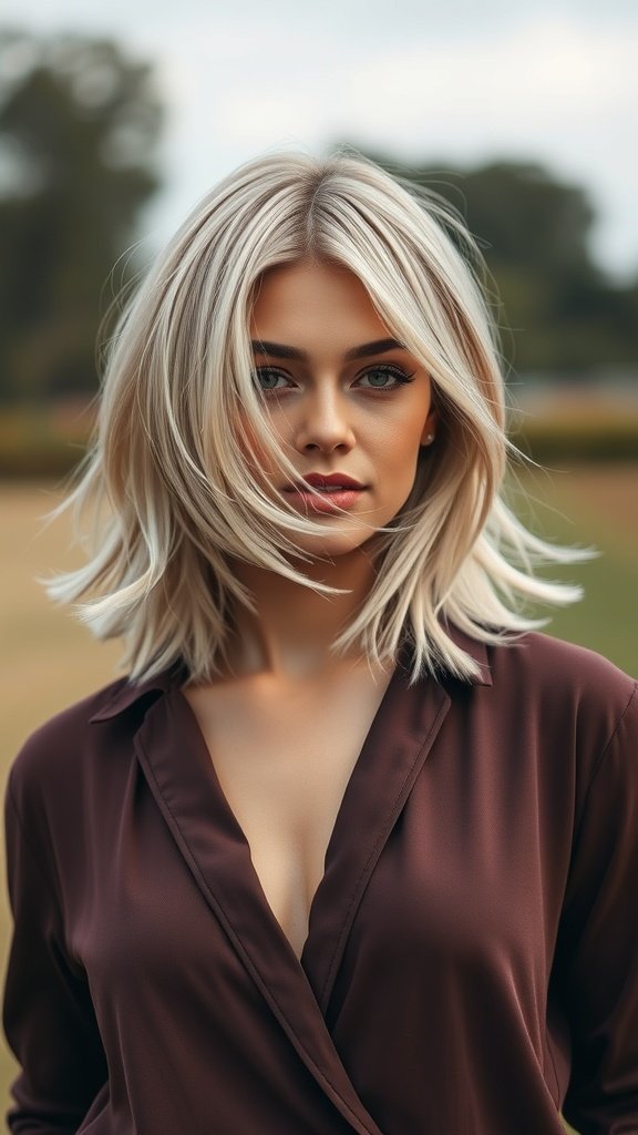 A woman with medium-length layered hair featuring face-framing platinum highlights, wearing a brown shirt.