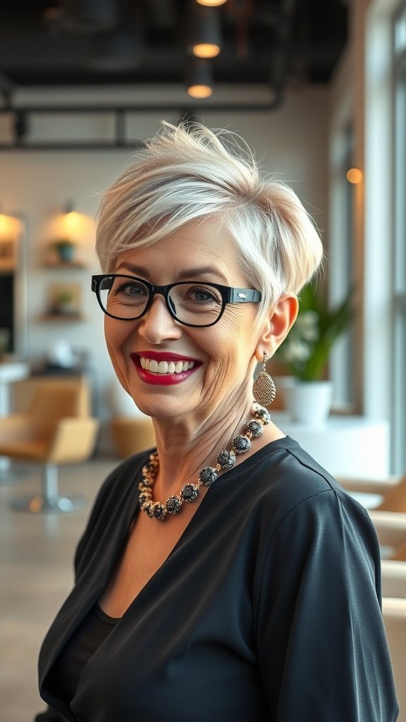 A woman with a stylish pixie haircut featuring a disconnected undercut, wearing glasses and a statement necklace, smiling confidently.