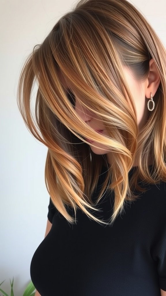 A woman with shoulder-length straight hair and wispy bangs, showcasing a chic hairstyle.