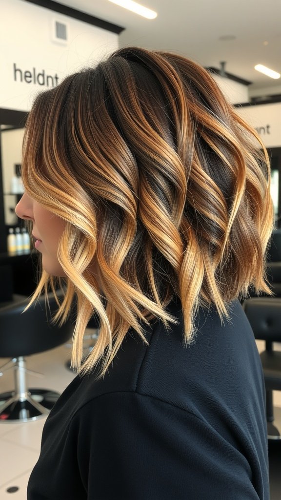 Espresso bob hairstyle with golden highlights, showcasing soft waves and shoulder-length cut.