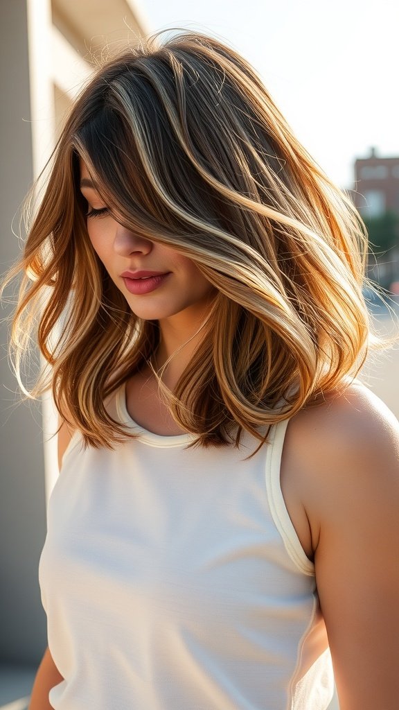 A woman with medium-length choppy layers styled in loose waves, showcasing warm tones and a casual look.