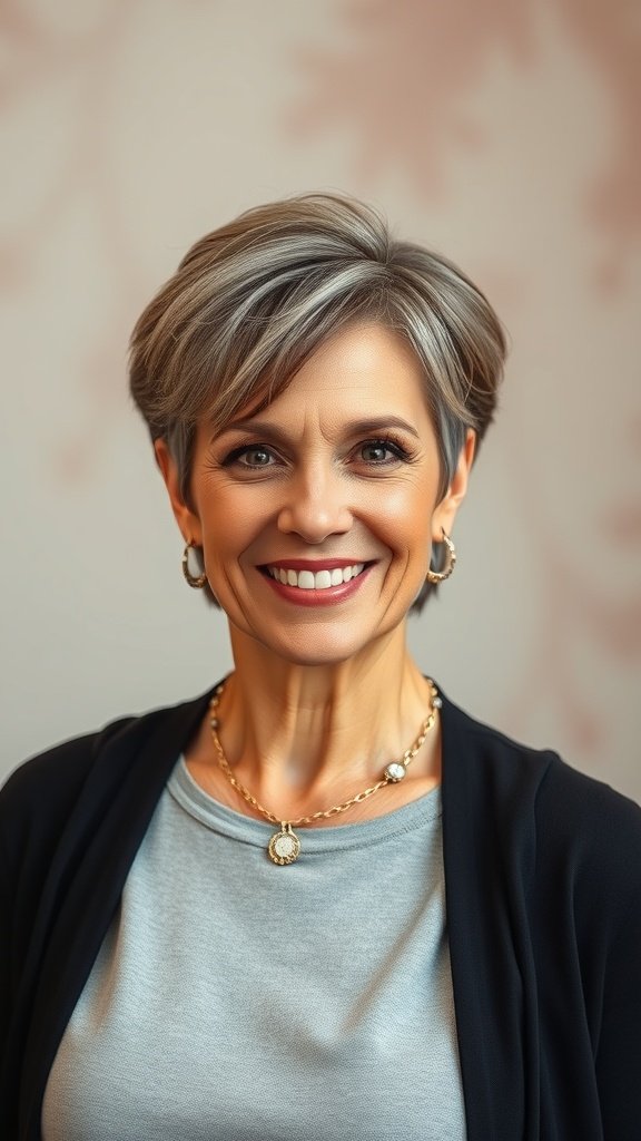 A woman over 50 with a short hairstyle featuring flipped ends, smiling confidently.