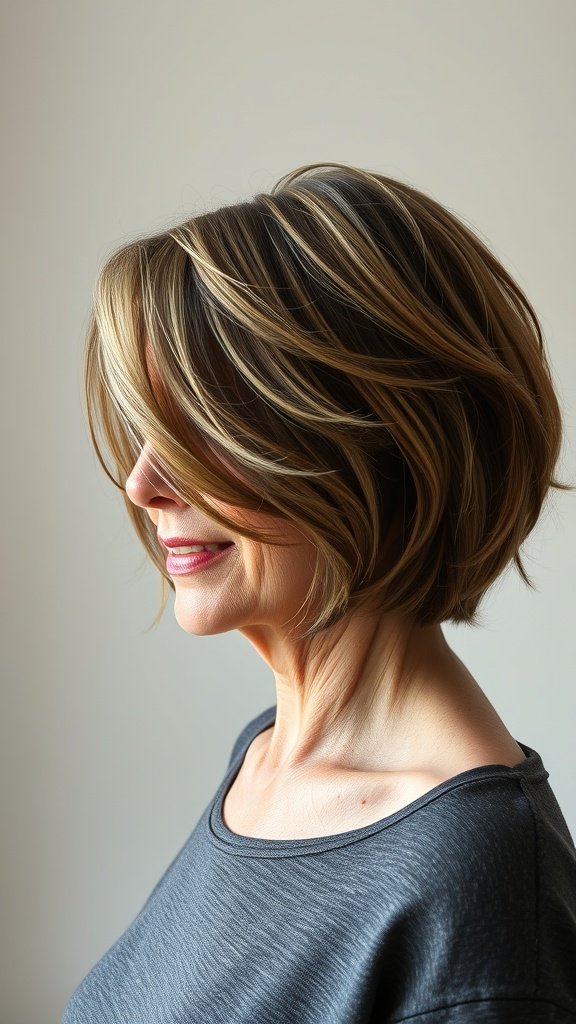 A woman with an asymmetrical choppy bob hairstyle, showcasing layers and soft waves.