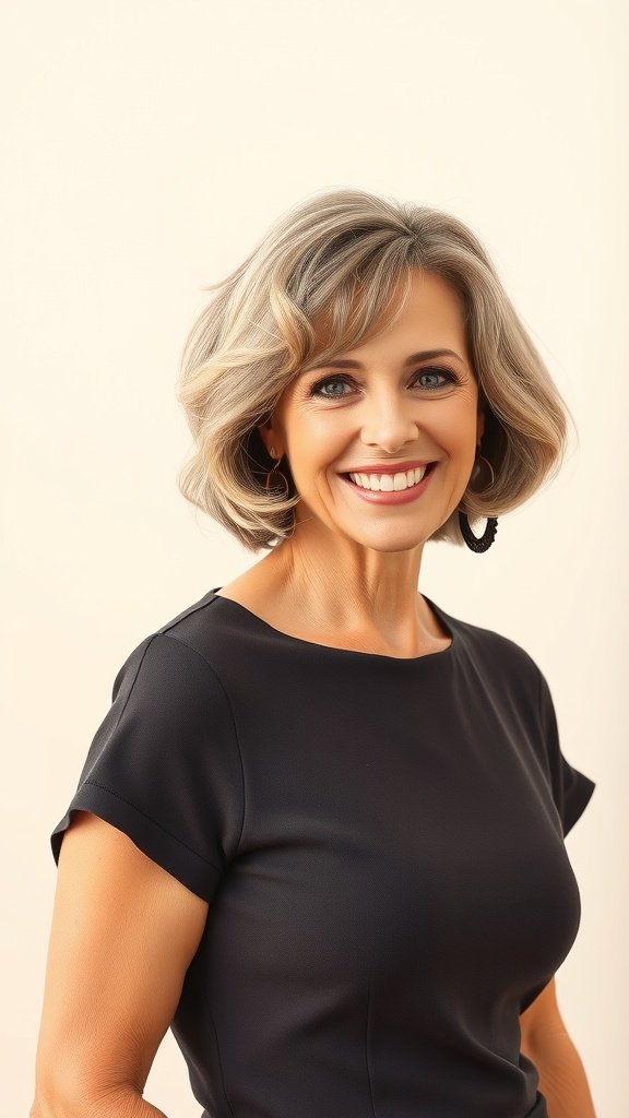 A woman with a stylish bob haircut featuring loose curls and a shadow root, smiling confidently.